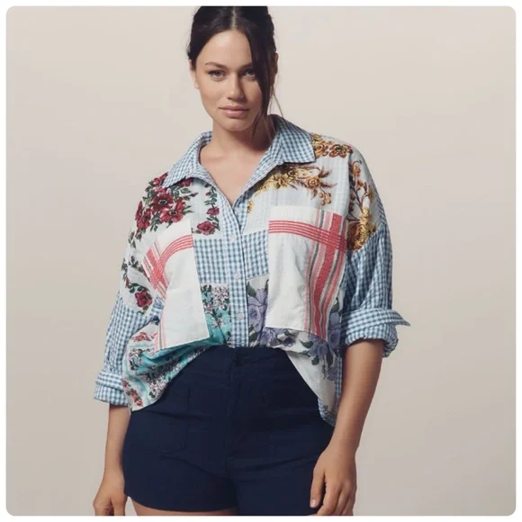 NWT Anthropologie Maeve Long-Sleeve Patchwork Tea Towel Buttondown Shirt 2X - Picture 8 of 17